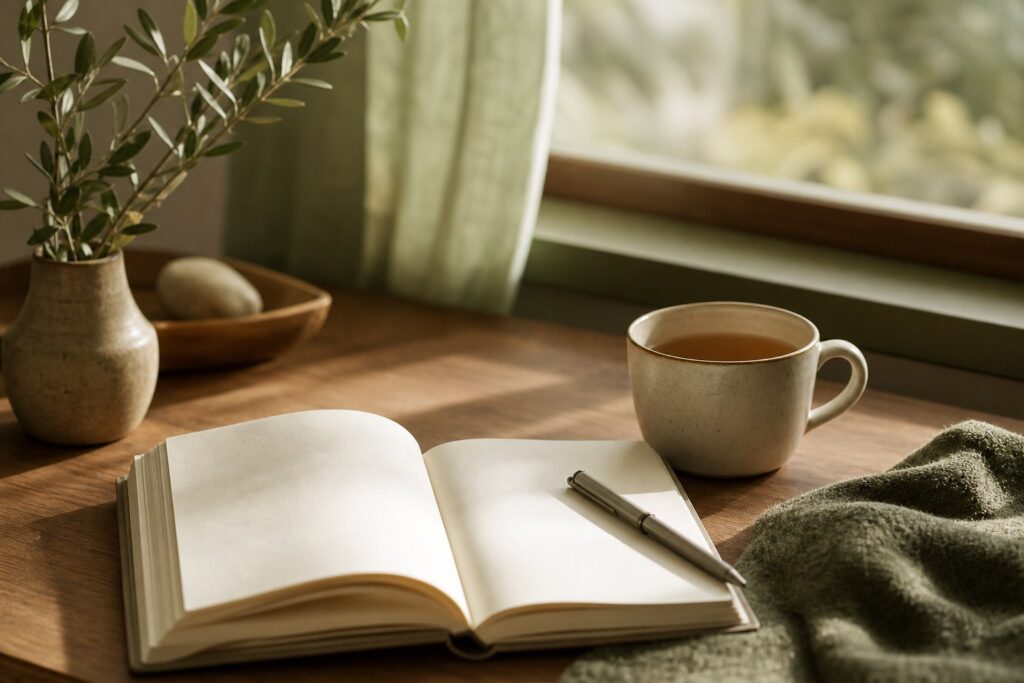 在溫暖木質書桌前寫下內在覺察筆記,一杯茶與晨光