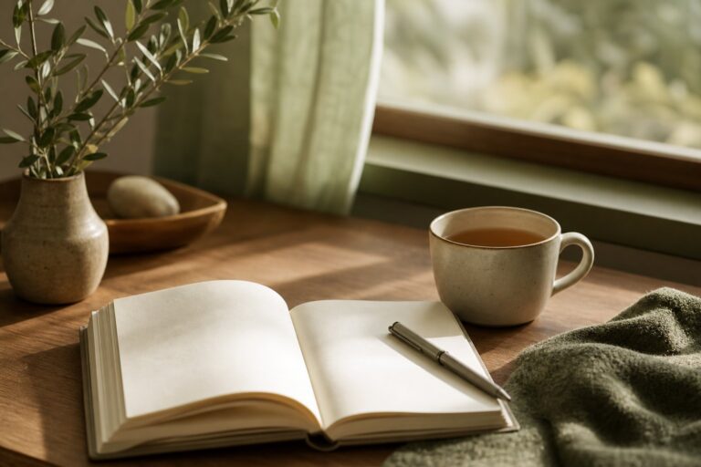 在溫暖木質書桌前寫下內在覺察筆記，一杯茶與晨光