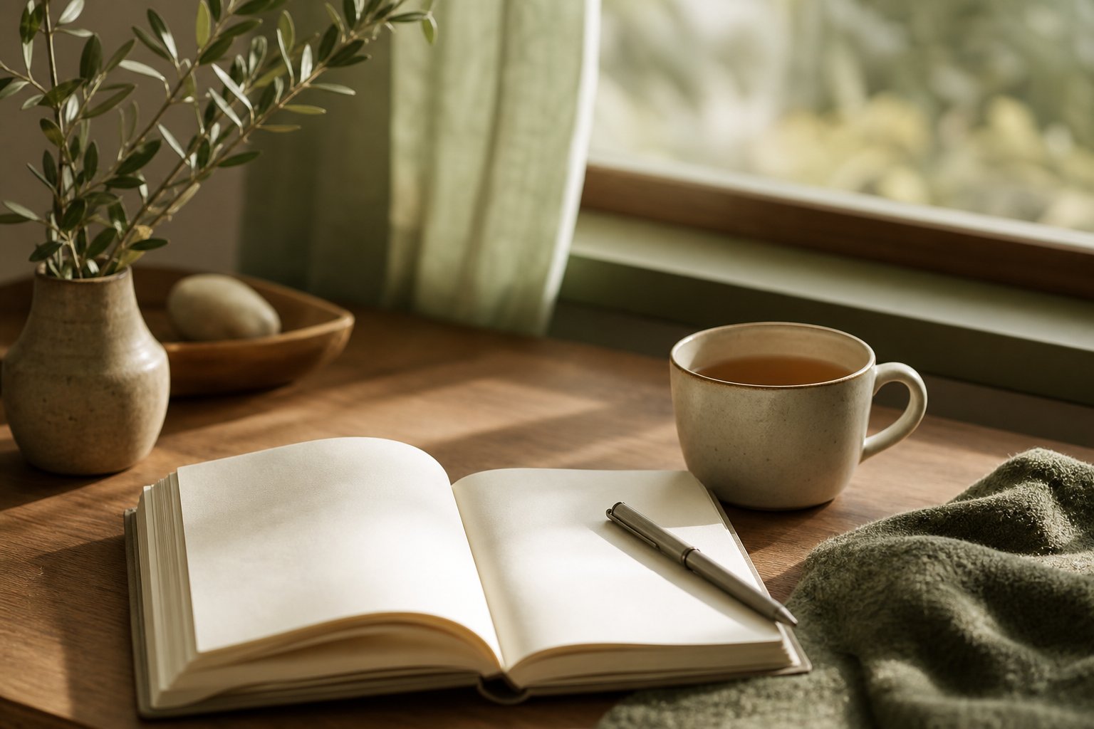 在溫暖木質書桌前寫下內在覺察筆記,一杯茶與晨光